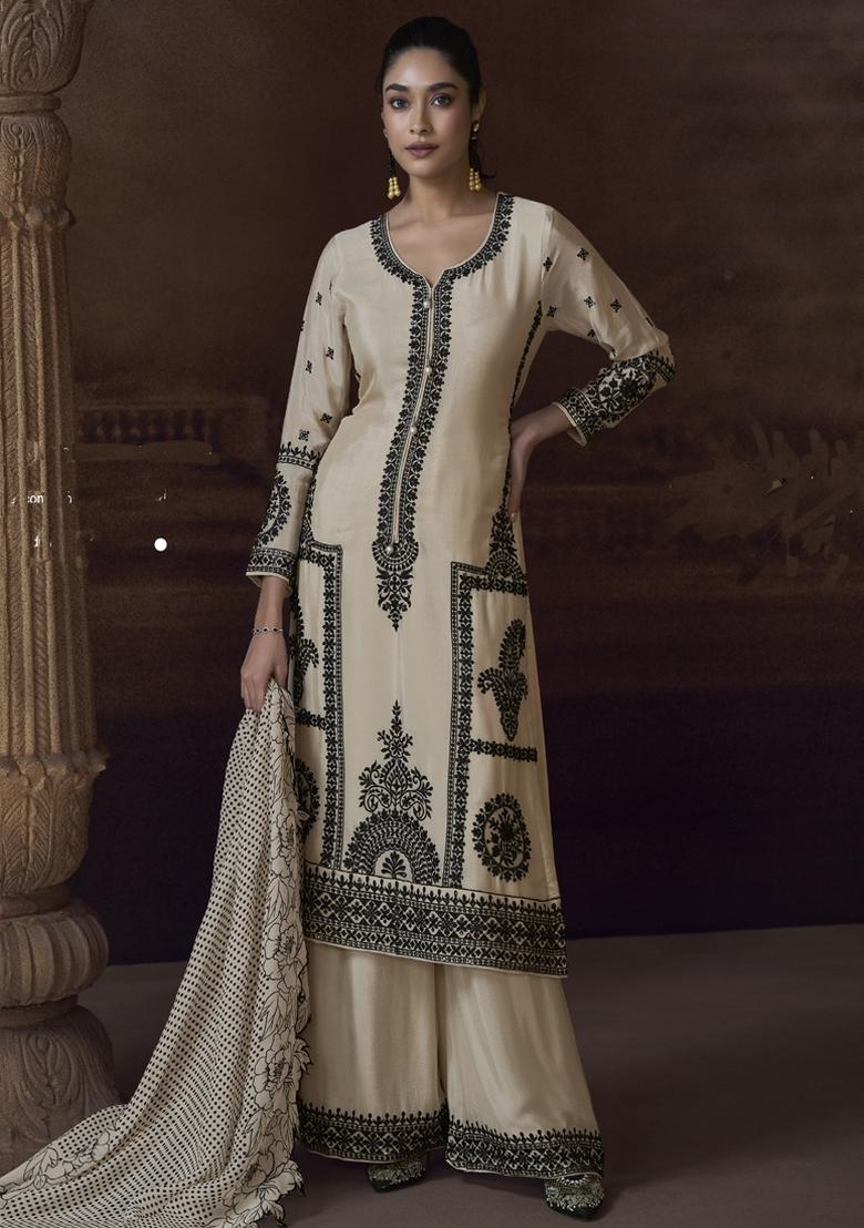 White Embroidered Silk Salwar Kameez With Dupatta - Indya