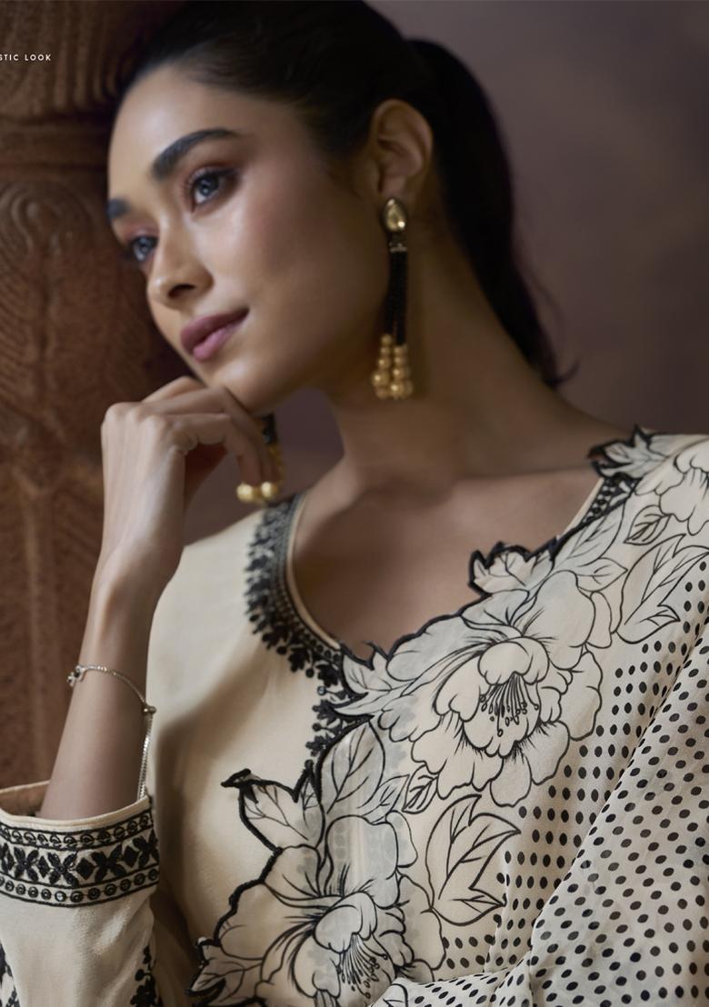 White Embroidered Silk Salwar Kameez With Dupatta - Indya