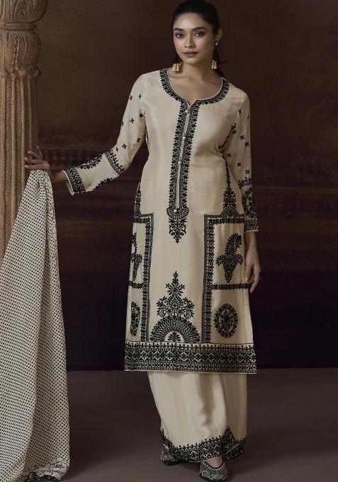 White Embroidered Silk Salwar Kameez With Dupatta