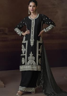 Black Embroidered Silk Salwar Kameez With Dupatta