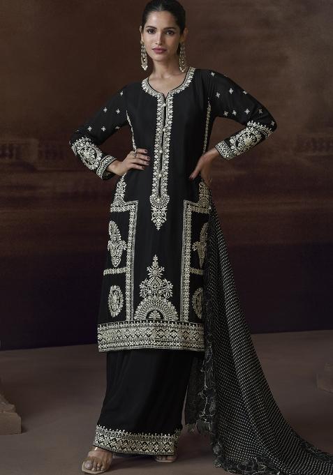 Black Embroidered Silk Salwar Kameez With Dupatta