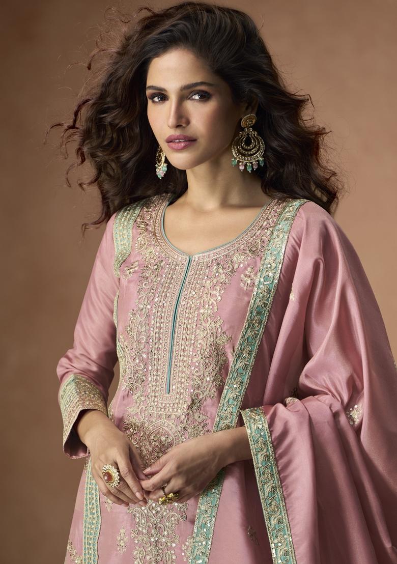 Pink Embroidered Blended Salwar Kameez With Dupatta - Indya