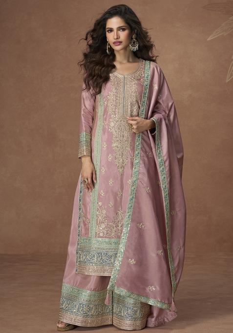 Pink Embroidered Blended Salwar Kameez With Dupatta