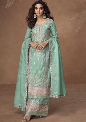 Green Embroidered Blended Salwar Kameez With Dupatta