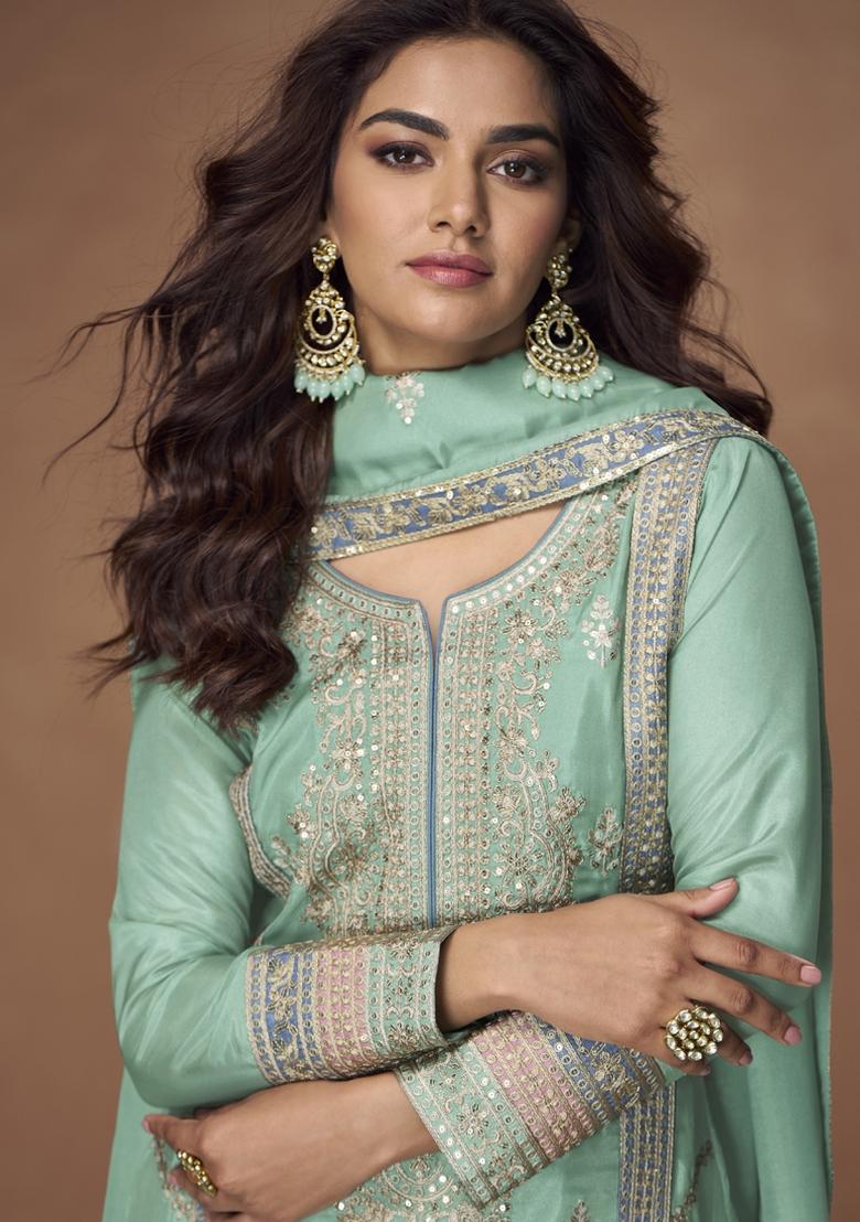 Green Embroidered Blended Salwar Kameez With Dupatta - Indya