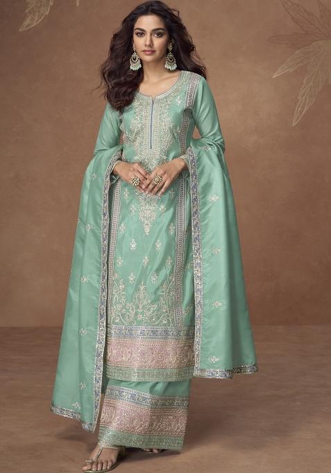 Green Embroidered Blended Salwar Kameez With Dupatta
