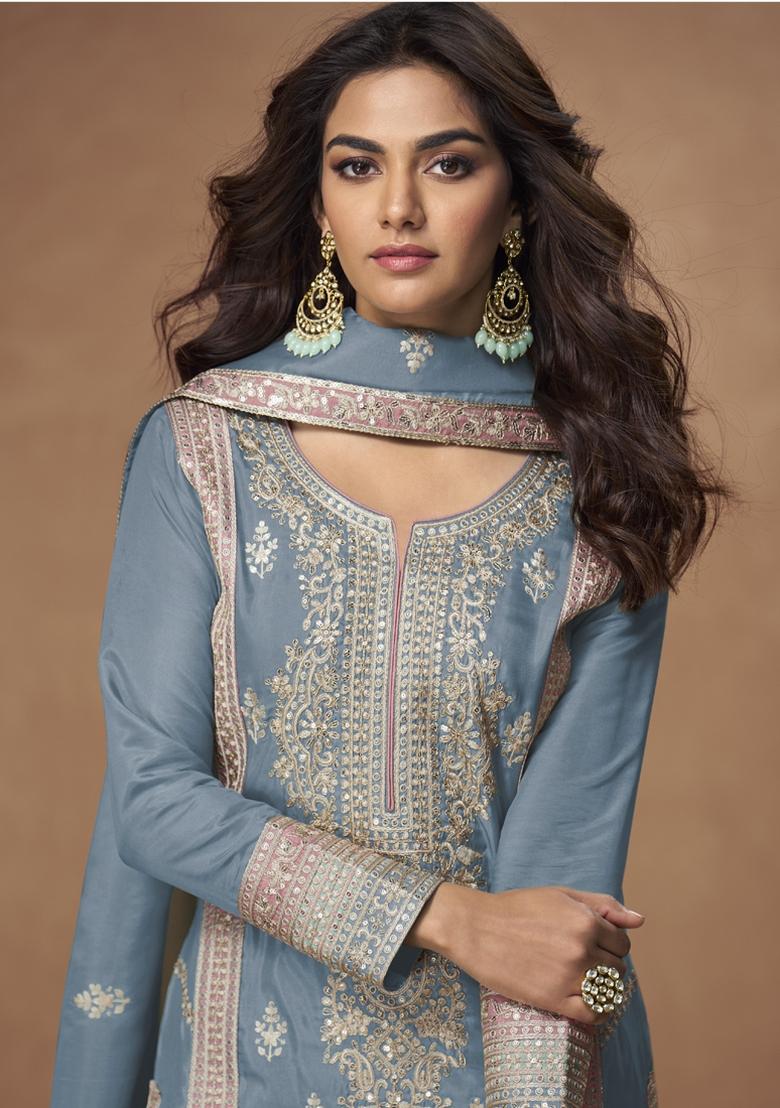 Grey Embroidered Blended Salwar Kameez With Dupatta - Indya