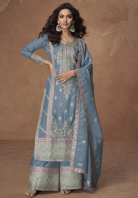 Grey Embroidered Blended Salwar Kameez With Dupatta