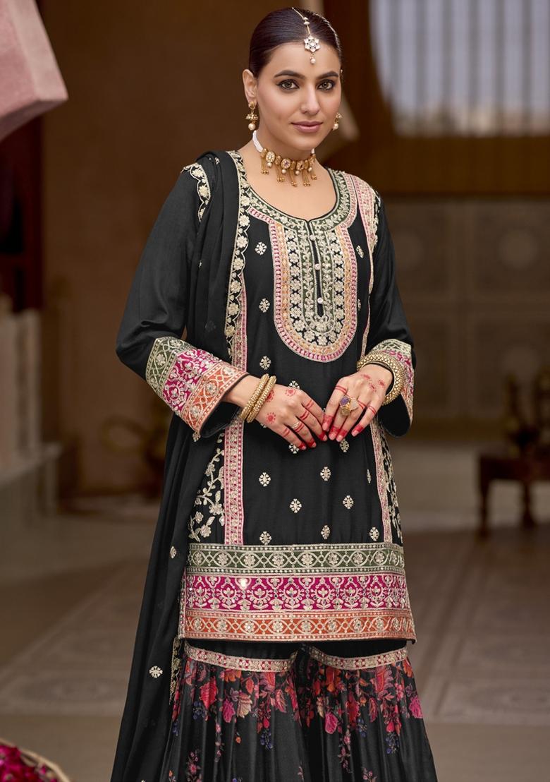 Black Embroidered Silk Salwar Kameez With Dupatta - Indya