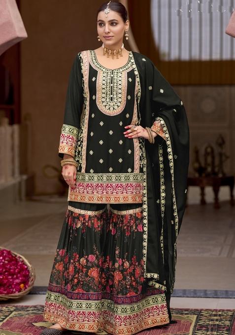Black Embroidered Silk Sharara Set