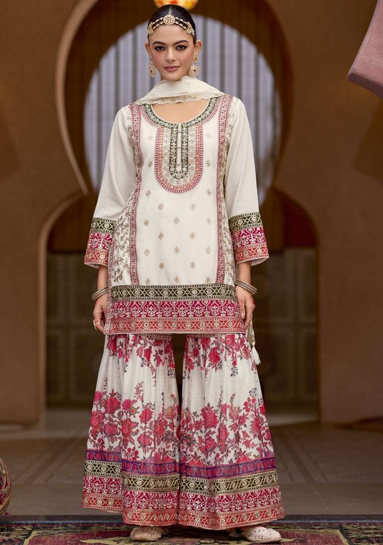 White Printed Silk Blend Sharara Set - Indya