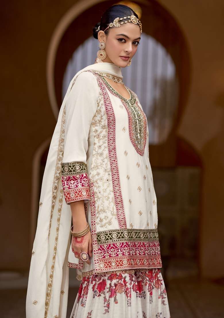 White Printed Silk Blend Sharara Set - Indya