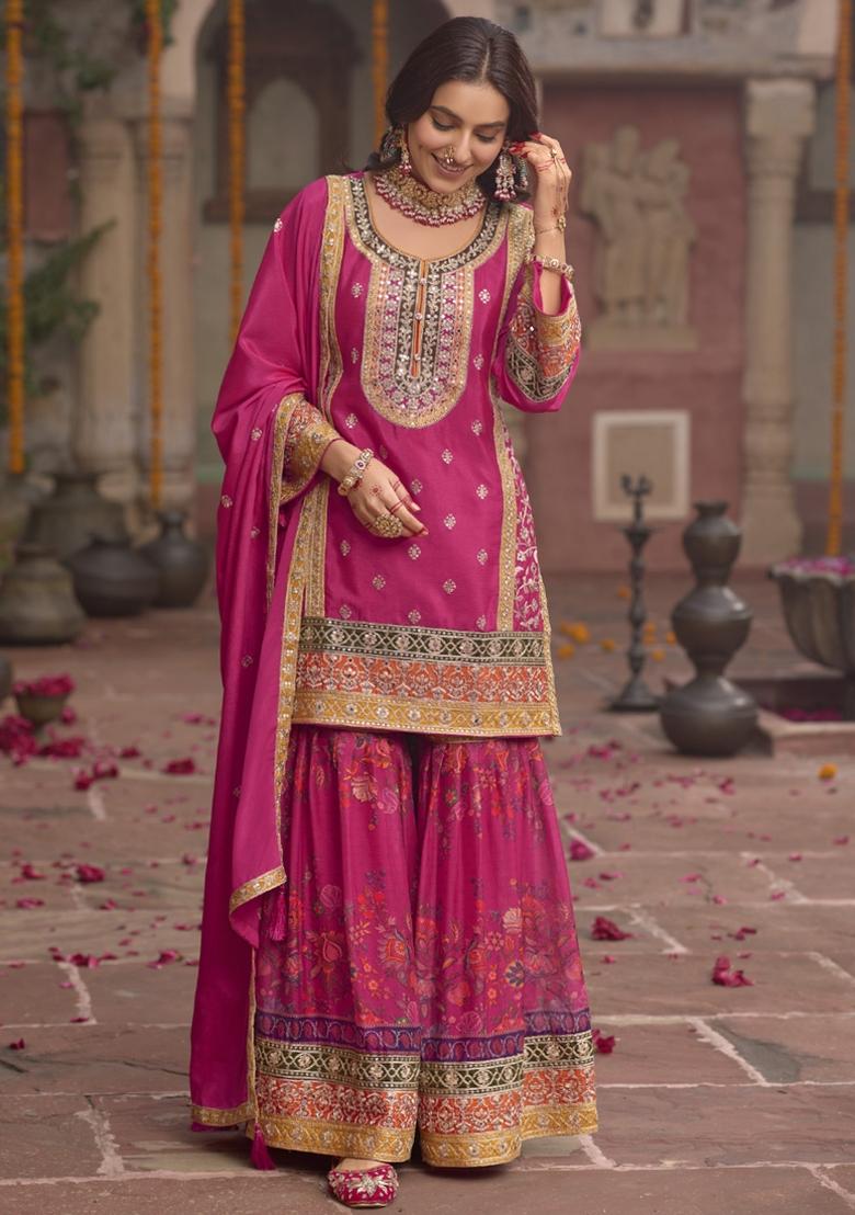 Pink Embroidered Silk Salwar Kameez With Dupatta - Indya