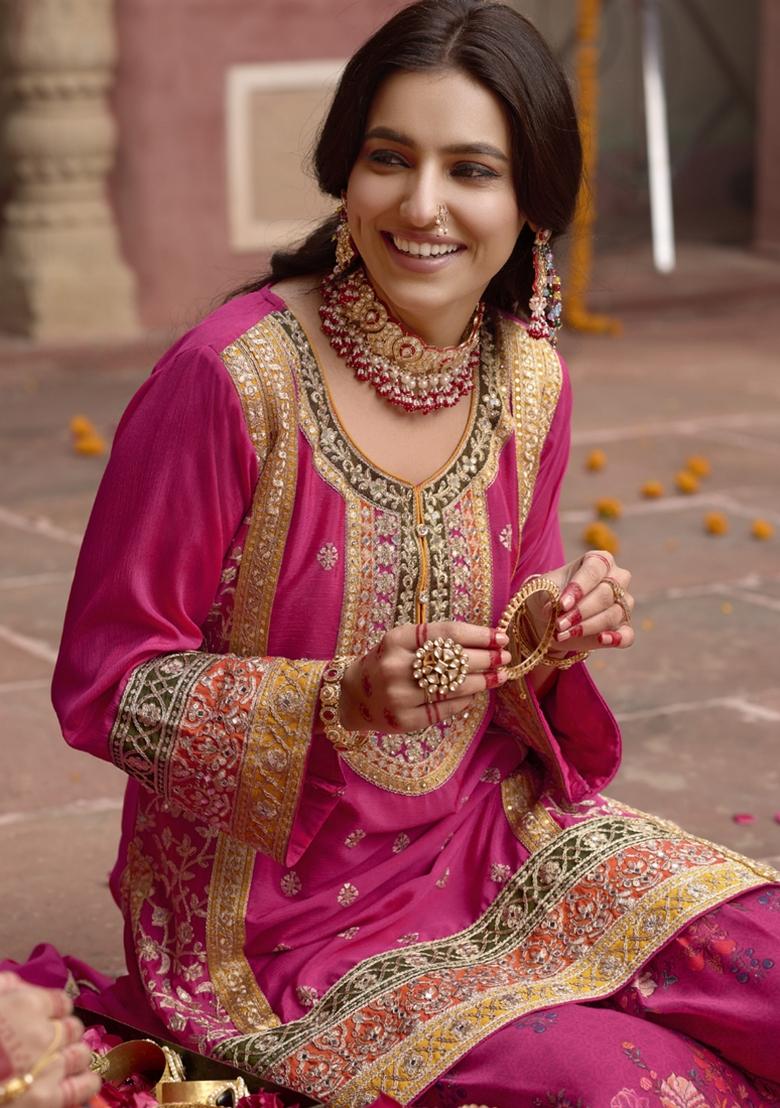 Pink Embroidered Silk Salwar Kameez With Dupatta - Indya