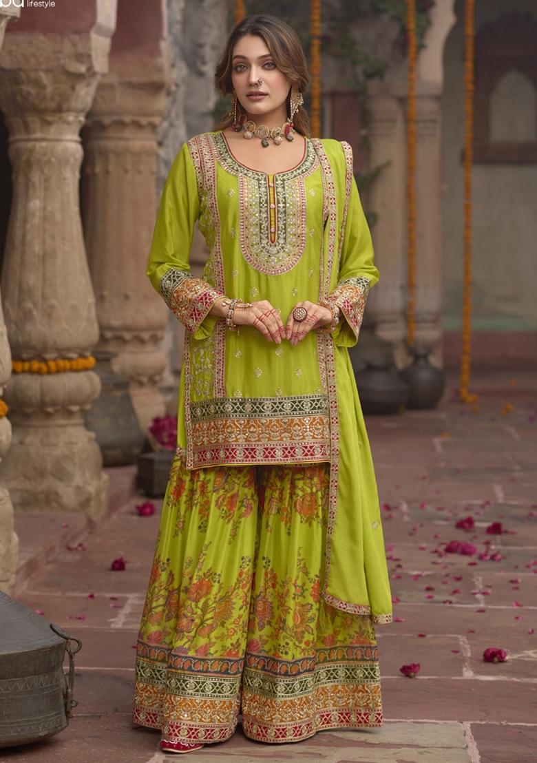 Green Embroidered Silk Salwar Kameez With Dupatta - Indya