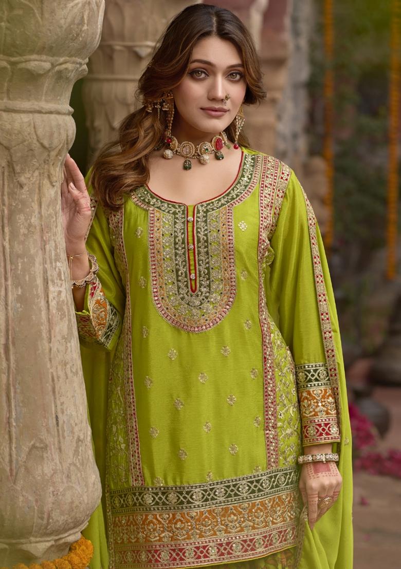 Green Embroidered Silk Salwar Kameez With Dupatta - Indya