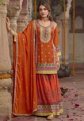 Orange Embroidered Silk Salwar Kameez With Dupatta