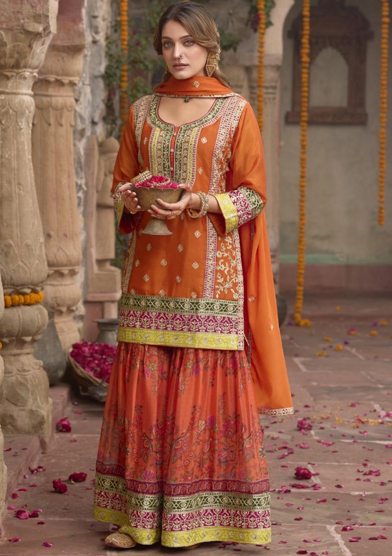 Orange Embroidered Silk Salwar Kameez With Dupatta - Indya