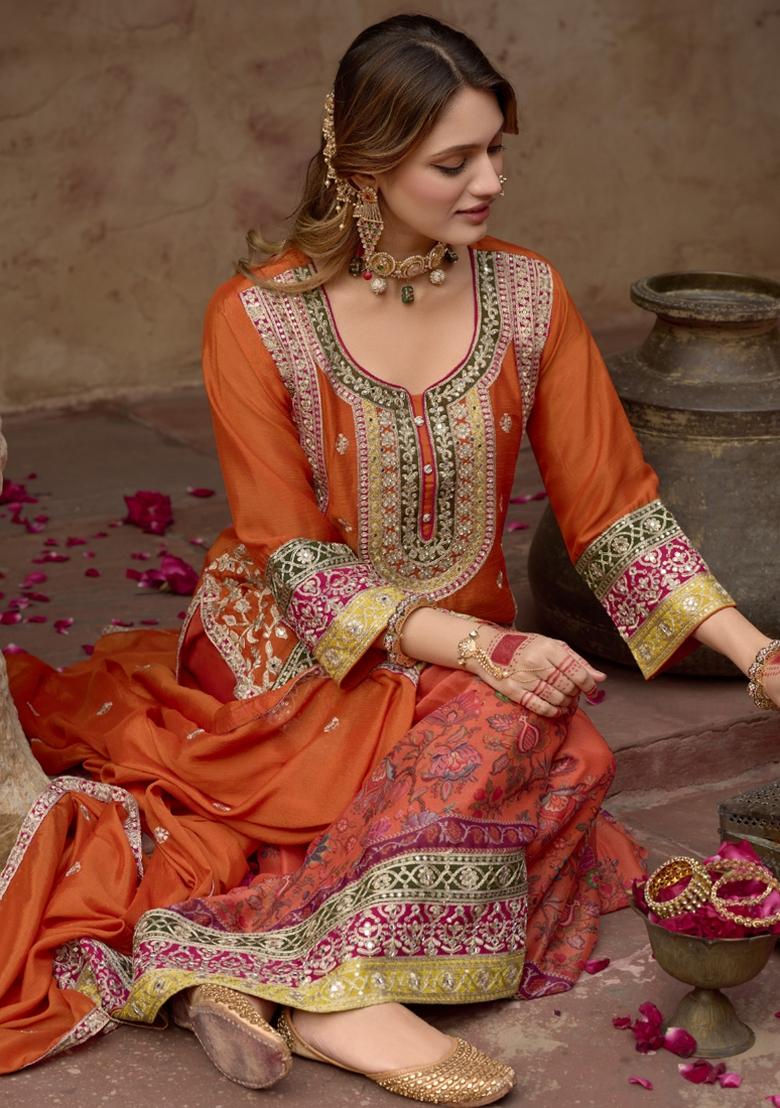 Orange Embroidered Silk Salwar Kameez With Dupatta - Indya