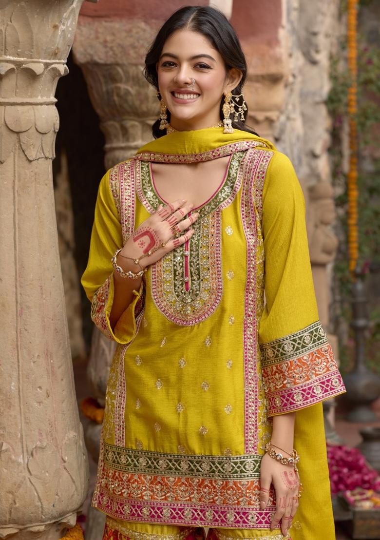 Yellow Embroidered Silk Salwar Kameez With Dupatta - Indya
