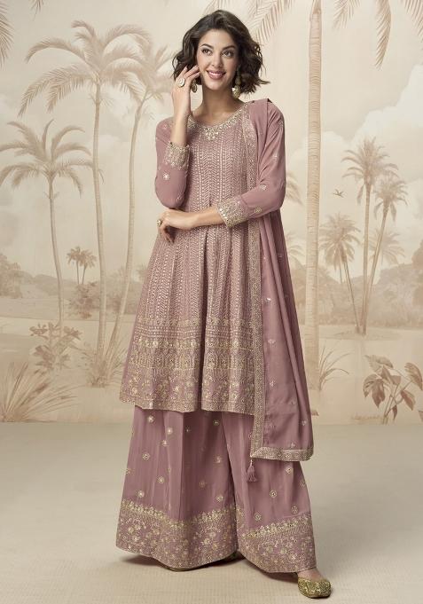 Peach Embroidered Georgette Salwar Kameez With Dupatta