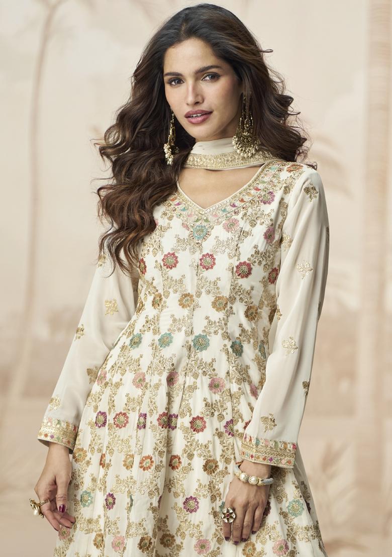 White Embroidered Georgette Salwar Kameez With Dupatta - Indya