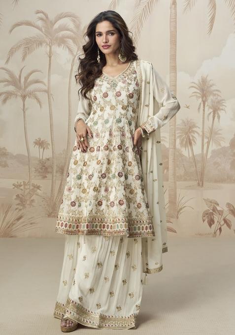 White Embroidered Georgette Salwar Kameez With Dupatta