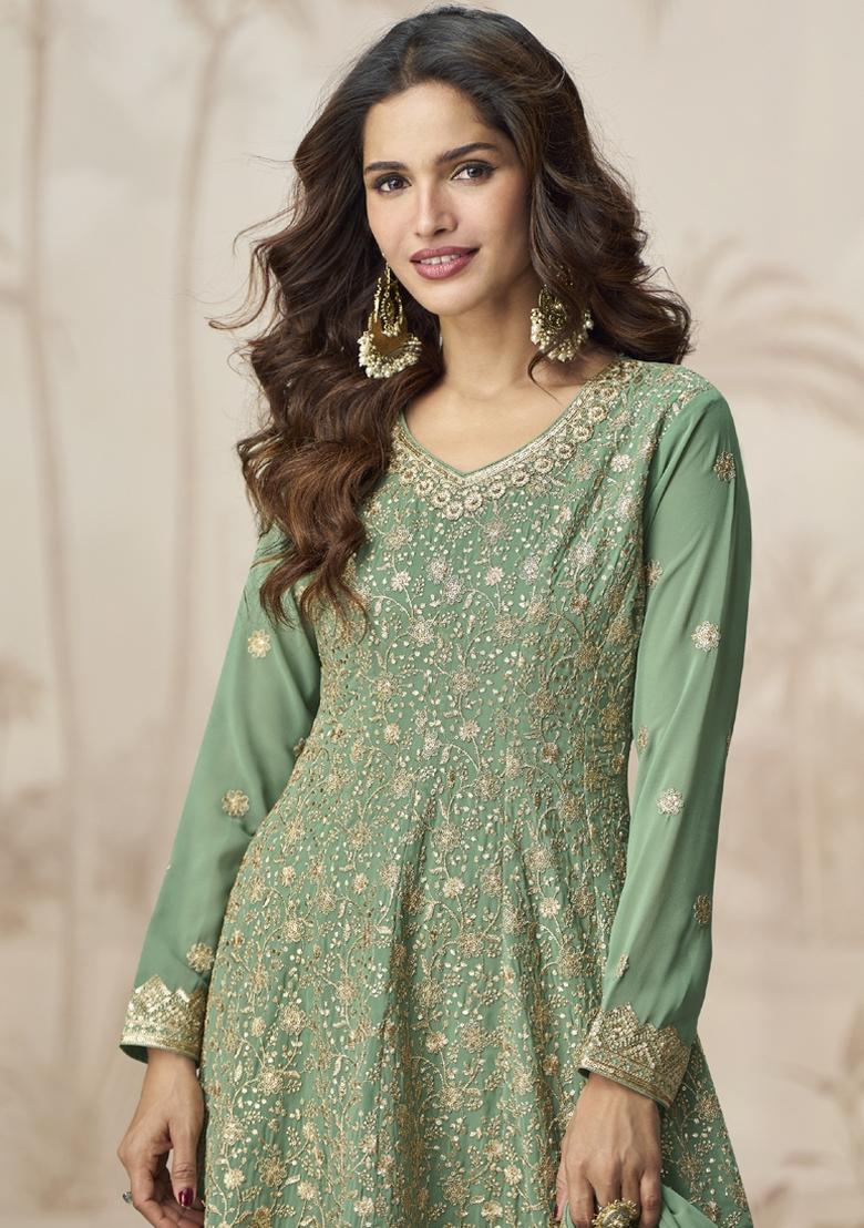 Green Embroidered Georgette Salwar Kameez With Dupatta - Indya