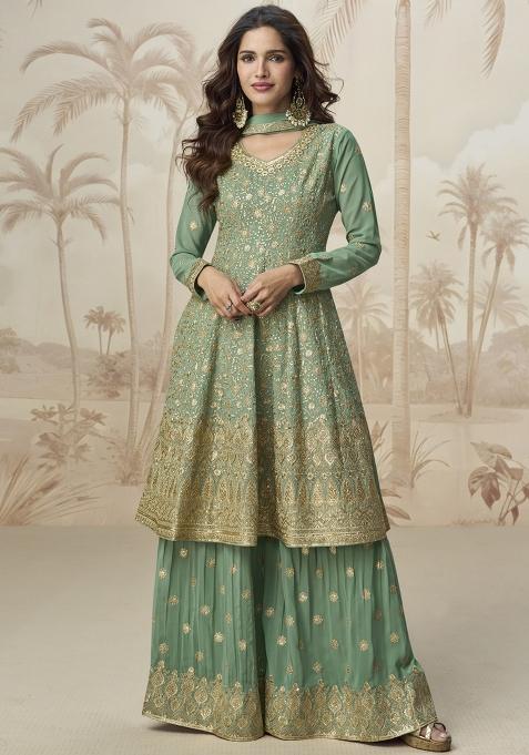 Green Embroidered Georgette Salwar Kameez With Dupatta
