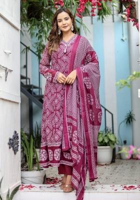 Maroon Embroidered Cotton Salwar Kameez With Dupatta