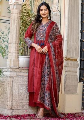 Maroon Embroidered Cotton Salwar Kameez With Dupatta