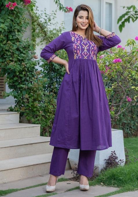 Purple Embroidered Cotton Salwar Kameez With Dupatta