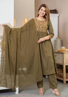 Green Embroidered Cotton Salwar Kameez With Dupatta