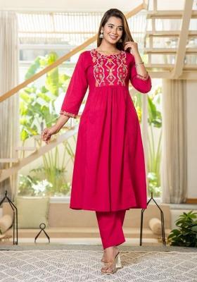 Pink Embroidered Cotton Salwar Kameez With Dupatta