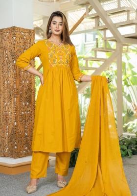 Yellow Embroidered Cotton Salwar Kameez With Dupatta