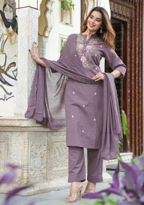 Purple Embroidered Cotton Salwar Kameez With Dupatta