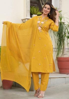Yellow Embroidered Cotton Salwar Kameez With Dupatta