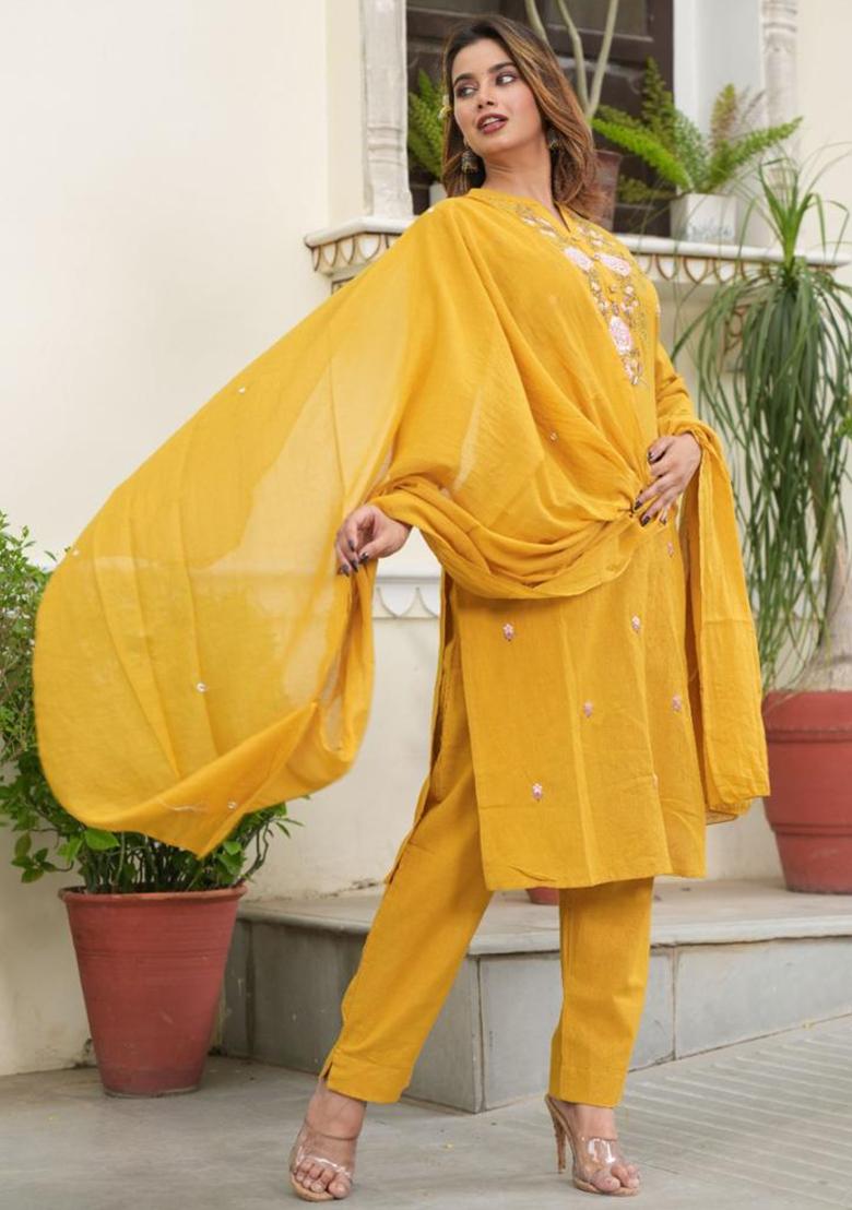 Yellow Embroidered Cotton Salwar Kameez With Dupatta