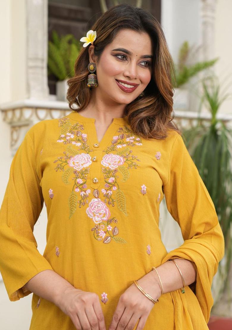 Yellow Embroidered Cotton Salwar Kameez With Dupatta