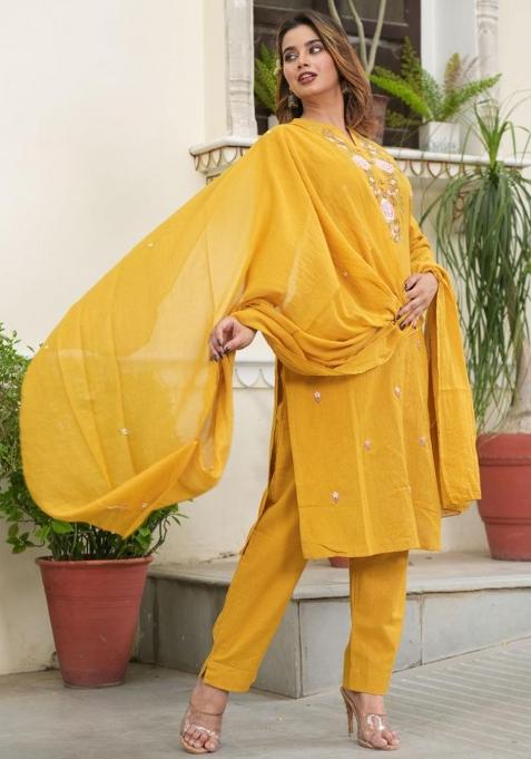 Yellow Embroidered Cotton Salwar Kameez With Dupatta