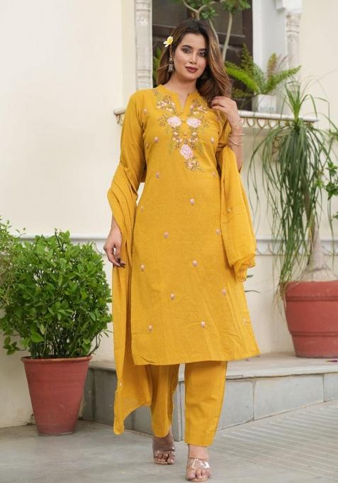 Yellow Embroidered Cotton Salwar Kameez With Dupatta
