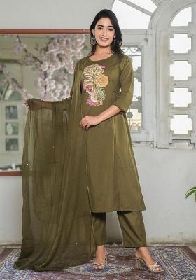 Green Embroidered Cotton Salwar Kameez With Dupatta