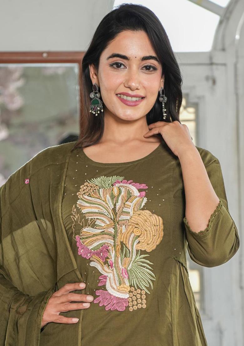 Green Embroidered Cotton Salwar Kameez With Dupatta - Indya