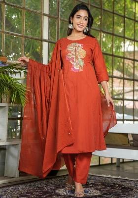 Orange Embroidered Cotton Salwar Kameez With Dupatta