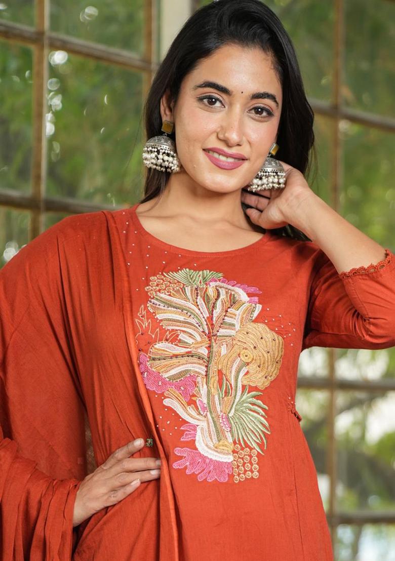 Orange Embroidered Cotton Salwar Kameez With Dupatta - Indya