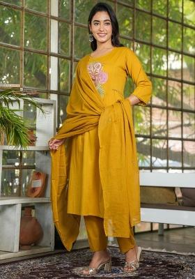 Yellow Embroidered Cotton Salwar Kameez With Dupatta