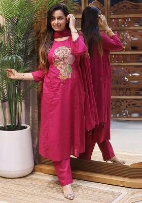 Pink Embroidered Cotton Salwar Kameez With Dupatta