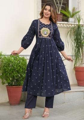 Blue Embroidered Cotton Salwar Kameez With Dupatta