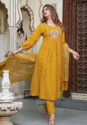 Yellow Embroidered Cotton Salwar Kameez With Dupatta