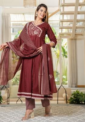 Maroon Embroidered Cotton Salwar Kameez With Dupatta